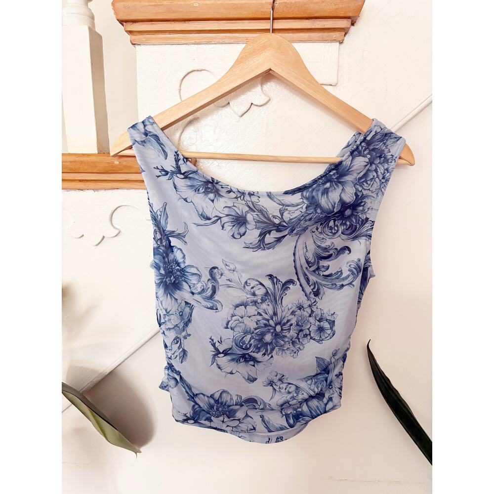 Anthropologie Sloane Cowl-Neck Tank Blue Floral Mesh Top XS - Picture 7 of 7